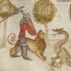 El caballero Iwain y su león, luchando contra un dragón en una ilustración proveniente de una versión italiana del Ciclo de la Vulgata
